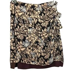 VALERIE STEVENS SILK WRAP AROUND MIDI SKIRT, WOMENS, 16, BROWN TAN BLUE FLORAL